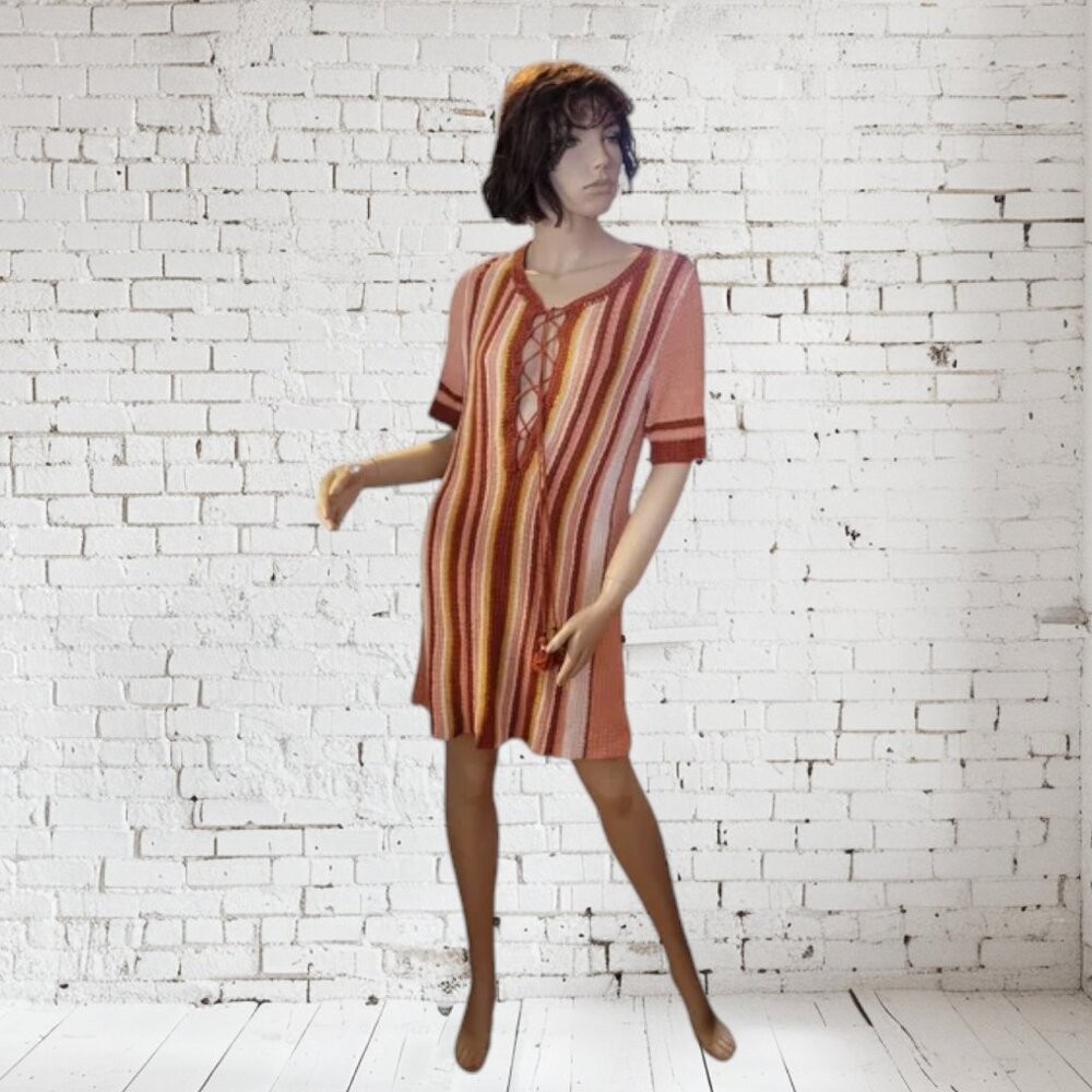 Free People Boho Crochet Knit Lace-up Front Dress Petites